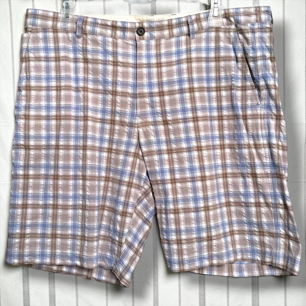 Tommy Bahama Mens 40 Plaid Shorts Brown Blue Seersucker Stretch Flat Front‎